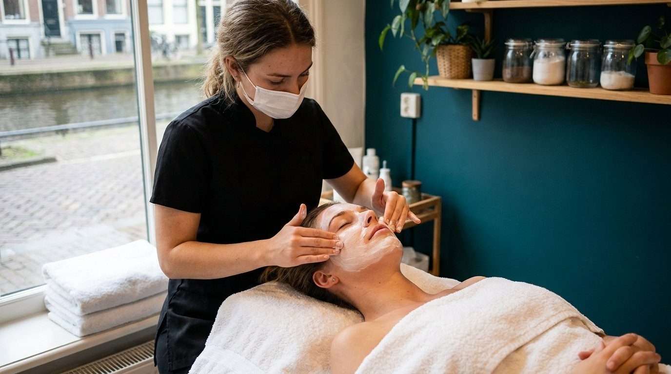 Gezichtsbehandeling met masker (voorbeeldbeeld)